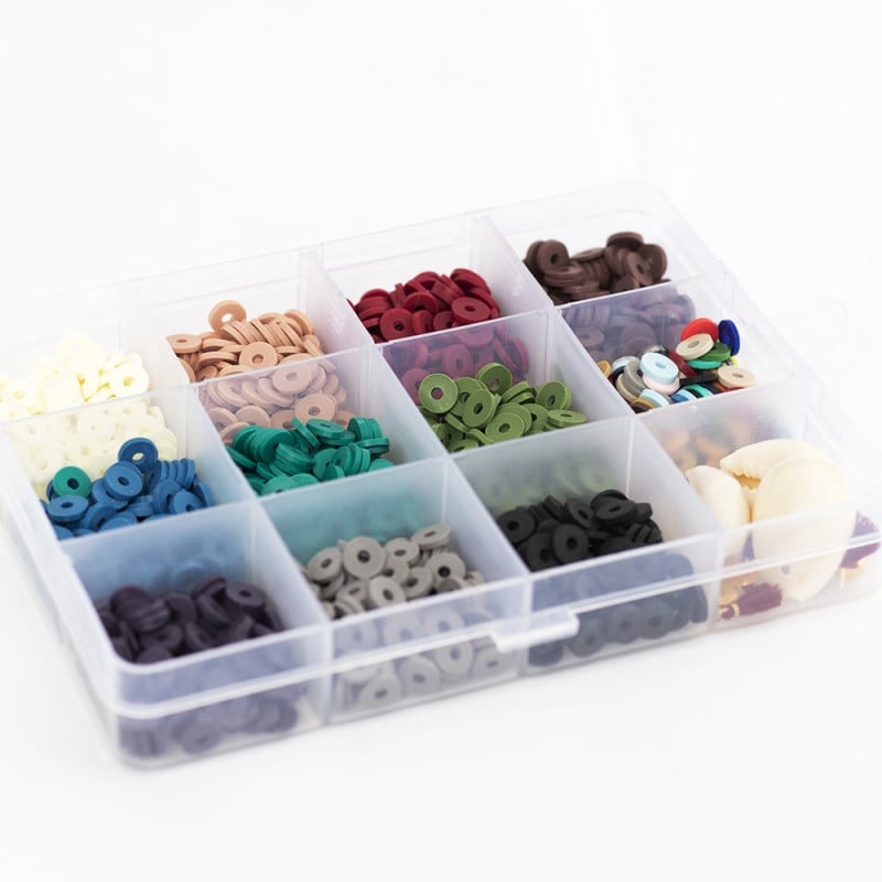 Boite de 11 couleurs NATURELLES de perles heishi 6 mm + accessoires